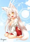  animal_ear_fluff animal_ears blonde_hair breasts eyebrows fang fox_ears fox_tail hakama hip_vent japanese_clothes kohaku_(yua) large_breasts long_hair looking_at_viewer miko off_shoulder open_mouth original red_hakama shirt sitting slit_pupils smile solo tail textless thick_eyebrows v_arms very_long_hair wariza yellow_eyes yua_(checkmate) 
