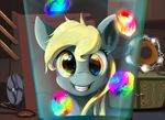  2015 amber_eyes blonde_hair derpy_hooves_(mlp) equine fan female feral friendship_is_magic fur furniture glowing grey_fur hair inside laboratory looking_at_viewer mammal my_little_pony orb pegasus rainbow scootiebloom smile solo wings 