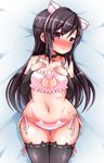  animal_ears asashio_(kantai_collection) bad_id bad_pixiv_id bed_sheet bell bell_collar black_hair blush breasts brown_hair cat_cutout cat_ear_panties cat_ears cat_lingerie cleavage_cutout collar jingle_bell kantai_collection long_hair lying meme_attire navel on_back panties richou_(zerozero1101) side-tie_panties small_breasts solo sweat thigh_gap underwear 