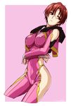  arm_cutout bodysuit breasts crossed_arms ikoma_yumi large_breasts leg_cutout looking_away machi_fuka pilot_suit pink_background pink_bodysuit red_eyes red_hair shiny shiny_clothes shiny_hair short_hair side_cutout signature skin_tight solo soukyuu_no_fafner synergetic_suit 