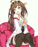 ahoge bad_id bad_twitter_id bare_shoulders boots brown_hair detached_sleeves double_bun hairband headgear japanese_clothes kantai_collection kawata_hisashi kongou_(kantai_collection) long_hair nontraditional_miko open_mouth ribbon-trimmed_sleeves ribbon_trim silver_eyes sitting skirt smile solo thigh_boots thighhighs zettai_ryouiki 