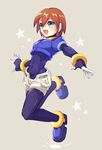  :d aile bodysuit brown_hair covered_navel cropped_jacket green_eyes open_mouth rockman rockman_zx sakuraba_(kirsche_x) short_hair shorts smile solo 