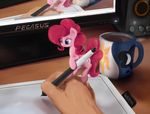  2015 blue_eyes cup cutie_mark desk drawing english_text equine female feral friendship_is_magic fur hair horse inside mammal monitor my_little_pony pen pink_fur pink_hair pinkie_pie_(mlp) pony scootiebloom solo speaker tablet text 