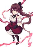  bad_id bad_pixiv_id black_bow black_footwear black_gloves boots bow brown_eyes brown_hair brown_legwear cross-laced_footwear detached_collar frilled_skirt frills full_body gloves gothic_wa_mahou_otome hair_bow knee_boots lace-up_boots long_hair looking_at_viewer nekomo pantyhose perspective petticoat ponytail ranun_(gothic_wa_mahou_otome) red_skirt skirt smile solo standing underbust white_background 
