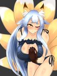  animal_ears blue_hair breasts cat_cutout cat_lingerie claws cleavage_cutout cowboy_shot dai0 facial_mark fox_ears fox_tail grey_background highres huge_breasts kyuubi long_hair meme_attire monster_girl monster_musume_no_iru_nichijou monster_musume_no_iru_nichijou_online multiple_tails one_eye_closed smile solo tail very_long_hair yellow_eyes youko_(monster_musume) 