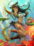  animal_ears anklet bangs barefoot bastet_(p&amp;d) black_hair blunt_bangs cat cat_ears cat_tail claw_pose claws commentary_request dark_skin egyptian fingernails green_eyes highres jewelry kisina long_fingernails long_hair midriff nail_polish navel puzzle_&amp;_dragons skirt smile solo tail toenail_polish 