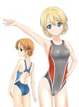  absurdres arm_up ass bad_id bad_twitter_id blonde_hair blue_eyes braid breasts brown_hair collarbone competition_swimsuit covered_navel darjeeling from_behind girls_und_panzer hand_on_hip highres light_smile long_hair medium_breasts multiple_girls one-piece_swimsuit orange_hair orange_pekoe short_hair swimsuit takafumi thighs 