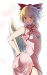  absurdres alternate_costume angel_wings ass blonde_hair blush bow china_dress chinese_clothes dress feathers gengetsu gunjin_(aguran) hair_bow highres jewelry solo sweat touhou touhou_(pc-98) twisted_torso wings yellow_eyes 
