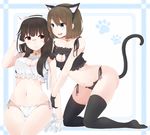  :d alternate_costume animal_ears arm_holding bangs bare_shoulders bell bell_choker black_gloves black_hair black_legwear black_panties blue_eyes border brown_hair cat_cutout cat_ear_panties cat_ears cat_lingerie cat_tail choker choukai_(kantai_collection) cleavage_cutout closed_mouth fake_animal_ears fang frills glasses gloves hair_ornament hairband hairclip hand_in_hair hand_on_another's_shoulder highres jingle_bell kantai_collection kneeling lace long_hair looking_at_another matching_outfit maya_(kantai_collection) meme_attire multiple_girls navel no_shoes open_mouth panties paw_print red_eyes rimless_eyewear short_hair side-tie_panties sitting smile stomach strap_slip string_panties tail thigh_gap thighhighs underwear underwear_only white_background white_gloves white_panties x_hair_ornament yukichi_(sukiyaki39) 