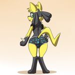  2015 ambiguous_gender anthro butt clothed clothing digital_media_(artwork) fan_character fur green_eyes lonbluewolf looking_at_viewer looking_back lucario multicolored_fur nintendo pok&eacute;mon presenting presenting_hindquarters simple_background solo spikes tongue tongue_out underwear video_games white_sclera xoil 