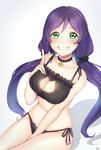  bell breasts cat_cutout cat_ear_panties cat_lingerie cleavage cleavage_cutout green_eyes grin highres jingle_bell large_breasts long_hair looking_at_viewer love_live! love_live!_school_idol_project low_twintails meme_attire mizuiro_32 navel panties purple_hair side-tie_panties smile solo toujou_nozomi twintails underwear v 