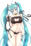  ahoge aqua_hair bell bell_choker breasts cat_cutout cat_ear_panties cat_lingerie choker cleavage_cutout cowboy_shot green_eyes hatsune_miku head_tilt jingle_bell large_breasts long_hair md5_mismatch meme_attire navel o_yat panties side-tie_panties simple_background solo twintails underwear underwear_only very_long_hair vocaloid white_background 