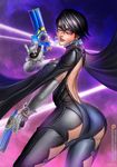  ass backless_outfit badcompzero bare_back bayonetta bayonetta_(character) bayonetta_2 black_hair breasts dual_wielding earrings elbow_gloves glasses gloves gun handgun holding jewelry light_smile lips looking_at_viewer love_is_blue_(bayonetta) medium_breasts mole mole_under_mouth pistol short_hair solo thighs weapon white_gloves 