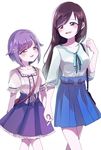  brown_eyes brown_hair hair_ornament hairclip holding_hands idolmaster idolmaster_cinderella_girls koshimizu_sachiko long_hair multiple_girls nitta_minami purple_hair short_hair smile south_(monookibako) yuri 