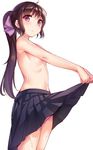  :o black_hair black_skirt blush brown_eyes lifted_by_self long_hair looking_at_viewer mokyu pleated_skirt ponytail simple_background skirt skirt_lift solo standing topless wet white_background 