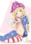  american_flag_dress american_flag_legwear arm_support bangs blonde_hair clownpiece dress dress_lift fairy_wings frilled_shirt_collar frills hat highres jester_cap lifted_by_self long_hair looking_at_viewer miki_nezumi naughty_face navel no_panties pantyhose polka_dot purple_eyes short_sleeves simple_background sitting smile smug solo striped striped_dress striped_legwear touhou wings 