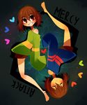  :o androgynous barefoot blush blush_stickers brown_eyes brown_hair chara_(undertale) closed_eyes english eyebrows eyebrows_visible_through_hair frisk_(undertale) full_body grey_background grin heart long_legs multiple_others off_shoulder open_mouth parted_lips projecttiger rotational_symmetry shorts simple_background sleeves_past_wrists smile spoilers striped striped_sweater sweater teeth undertale 