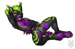  4_toes black_fur bulge canine clothed clothing fur green_fur green_hair green_nose hair looking_at_viewer lying male mammal multicolored_fur on_back purple_eyes purple_fur simple_background smile solo toes underwear vallhund watermark white_background wolf 