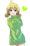  :d ahoge alternate_hairstyle blonde_hair green_eyes hair_ornament hair_scrunchie heart highres hoshii_miki idolmaster idolmaster_(classic) looking_at_viewer low_twintails open_mouth polka_dot polka_dot_scrunchie ribbed_sweater scrunchie short_twintails sleeves_past_wrists smile solo sweater tokiani turtleneck twintails 