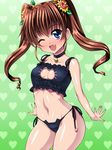  ;d bell blue_eyes brown_hair cat_cutout cat_ear_panties cat_lingerie cleavage_cutout fang heart heart_background jingle_bell long_hair meme_attire navel nogizaka_haruka_no_himitsu nogizaka_mika one_eye_closed open_mouth panties sen_(sansui) side-tie_panties smile solo twintails underwear underwear_only 