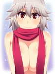  breasts cleavage closed_mouth convenient_censoring face hayashi_custom highres izayoi_sakuya large_breasts looking_at_viewer naked_scarf red_eyes scarf silver_hair smile solo touhou upper_body 
