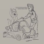  alien anthro crossover dialogue disney english_text experiment_(species) eye_contact fallout fan_character human lilo_and_stitch mammal mechanic monochrome ovni petrock size_difference spacecraft sturges text vehicle video_games 