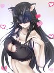  alternate_costume animal_ears bangs bell bell_choker black_hair blush breasts cat_cutout cat_ears cat_lingerie choker cleavage cleavage_cutout closed_mouth covered_eyes frills heart highres holding_strap horns jingle_bell kantai_collection kemonomimi_mode large_breasts light_cruiser_hime long_hair mask meme_attire parted_bangs shinkaisei-kan smile solo stomach underwear underwear_only untsue upper_body white_background 