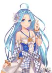  ahoge alternate_costume bare_shoulders blue_eyes blue_hair bow detached_sleeves flower granblue_fantasy hair_flower hair_ornament halterneck haruato highres kimi_to_boku_no_mirai long_hair looking_at_viewer lyria_(granblue_fantasy) plaid plaid_bow plaid_sleeves smile solo v very_long_hair 