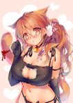  animal_ears bell bell_collar black_gloves black_panties blush breasts brown_eyes brown_hair cat_cutout cat_ear_panties cat_ears cat_lingerie cat_tail cleavage cleavage_cutout collar elbow_gloves gloves hair_ornament highres jingle_bell kantai_collection large_breasts littorio_(kantai_collection) long_hair meme_attire navel obiwan panties parted_lips ponytail ribbon side-tie_panties solo tail tail_ribbon underwear underwear_only wavy_hair 
