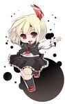  :d black_legwear black_skirt blonde_hair chain chibi dnk fang full_body hair_ribbon highres kneehighs koumajou_densetsu koumajou_densetsu_1 long_sleeves mary_janes necktie no_nose open_mouth outstretched_arms puffy_long_sleeves puffy_sleeves red_eyes red_footwear red_ribbon ribbon rumia shoes short_hair skirt skirt_set smile solo spread_arms standing standing_on_one_leg touhou vest 