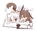  &gt;_&lt; :d ahoge animal_ears ass brown_eyes brown_hair chibi closed_eyes commentary_request imaizumi_kagerou inubashiri_momiji long_hair multiple_girls nuu_(nu-nyu) open_mouth short_hair smile snow tail touhou white_hair wolf_ears wolf_tail xd 