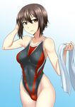  bangs black_hair black_swimsuit blue_background breasts breasts_apart brown_eyes collarbone competition_swimsuit girls_und_panzer gradient gradient_background groin hair_between_eyes hand_on_own_head hand_up highleg highleg_swimsuit holding iron_cross kunashiri_(etorofu) looking_at_viewer medium_breasts nishizumi_maho one-piece_swimsuit parted_lips short_hair sidelocks skin_tight solo standing swimsuit towel wet wet_clothes wet_hair white_towel 