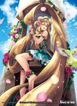  absurdly_long_hair anklet armband bare_shoulders barefoot bird blonde_hair dress flower flower_anklet force_of_will fukuzou green_eyes hair_flower hair_ornament jewelry long_hair petals smile soles solo toes tower very_long_hair 
