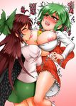  bearhug bird_wings blush bow breast_sucking breasts breasts_outside brown_hair closed_eyes green_hair hair_bow highres kazami_yuuka large_breasts long_hair multiple_girls nipples open_clothes open_mouth open_shirt open_vest red_eyes reiuji_utsuho ryona saliva shirt skirt skirt_set squiggle sweat tears touhou translation_request trembling very_long_hair vest wings yazuki_gennojou yuri 