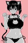  animal_ears bell blush breasts cat_cutout cat_ear_panties cat_ears cat_lingerie cat_tail cleavage_cutout jingle_bell kaga_(kantai_collection) kantai_collection kojima_saya large_breasts looking_at_viewer meme_attire monochrome navel panties paw_pose short_hair side-tie_panties side_ponytail solo tail underwear underwear_only 