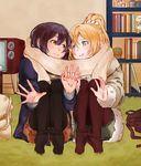  ayase_eli bad_id bad_pixiv_id bag bangs black_legwear blonde_hair blue_coat blue_eyes blue_hair blush book bookshelf brown_coat cactus coat eye_contact flower_pot full_body fur-trimmed_coat fur_trim hair_between_eyes holding_hands indoors interlocked_fingers knees_up legs_together long_sleeves looking_at_another love_live! love_live!_school_idol_project maroon_legwear multiple_girls no_shoes on_floor outstretched_hand pantyhose parted_lips plant ponytail potted_plant scarf scrunchie shared_scarf shin9tani side-by-side sitting smile sonoda_umi stuffed_animal stuffed_toy teddy_bear television warming_hands yellow_eyes yuri 