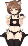  animal_band_legwear animal_ear_fluff animal_ears bell bell_choker black_legwear blush bra brown_eyes brown_hair cat_band_legwear cat_cutout cat_ear_panties cat_ears cat_lingerie cat_tail chen choker cleavage_cutout fang flat_chest highres jingle_bell looking_at_viewer meme_attire multiple_tails navel nekomata open_mouth panties paw_pose shone short_hair side-tie_panties simple_background sitting smile solo tail thighhighs touhou two_tails underwear underwear_only wariza white_background 