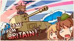  ? aircraft airplane animal_ears blonde_hair bomber borisx brown_hair cat_ears chen english flag_background ground_vehicle hat highres lancaster_(airplane) military military_vehicle mob_cap motor_vehicle multiple_girls open_mouth original short_hair silhouette tank tog_ii touhou union_jack 