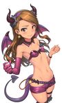  belt bikini_top blush brown_hair demon_horns demon_tail detached_collar earrings elbow_gloves gloves hairband highres horns idolmaster idolmaster_(classic) jewelry long_hair looking_at_viewer md5_mismatch minase_iori navel odibil purple_gloves red_eyes shorts single_glove solo star star_earrings tail thigh_strap wings 