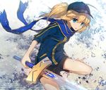  artoria_pendragon_(all) baseball_cap blonde_hair blue_eyes chocoan excalibur fate/stay_night fate_(series) hat jacket md5_mismatch mysterious_heroine_x ponytail rojiura_satsuki:_chapter_heroine_sanctuary scarf solo sword track_jacket weapon 