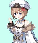  anger_vein bare_shoulders blanc blancpig_yryr blue_eyes blush brown_hair clenched_hand hat highres neptune_(series) open_mouth short_hair solo 