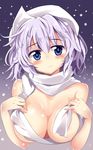  blue_eyes blush breasts hat large_breasts lavender_hair letty_whiterock looking_at_viewer maturiuta_sorato naked_scarf nude scarf smile solo touhou upper_body 