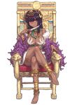  anklet barefoot between_breasts black_hair bracer breasts chair character_request choker crossed_legs dark_skin egyptian feet full_body gold headdress highres himeou_to_saigo_no_kishidan holding jewelry knife large_breasts long_hair miniskirt necklace official_art pink_eyes ring shoe-ji sitting skirt smile snake solo throne transparent_background 