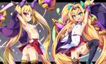  :o arm_up armpits ass blazblue blonde_hair blush bow breasts cosplay detached_sleeves fang flat_chest green_eyes hair_ribbon headband_around_neck heart heart-shaped_pupils highres long_hair mikado_(blazblue) mikado_(blazblue)_(cosplay) open_mouth panties platinum_the_trinity quad_tails rachel_alucard red_eyes ribbon sideboob skirt small_breasts standing standing_on_one_leg sweatdrop symbol-shaped_pupils tabard thighhighs toraishi_666 twintails underwear wavy_mouth 