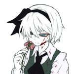  aqua_eyes ascot blood blood_on_face bloody_clothes flower hair_ribbon konpaku_youmu long_sleeves miata_(miata8674) ribbon shirt short_hair silver_hair smelling_flower solo touhou upper_body vest 