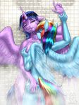  2016 absurd_res anthro anthrofied breasts butt butt_grab cutie_mark duo equine eyes_closed feathered_wings feathers female female/female friendship_is_magic hair half-closed_eyes hand_on_butt hi_res horn inside long_hair mammal multicolored_hair my_little_pony mykegreywolf pegasus rainbow_dash_(mlp) rainbow_hair shower twilight_sparkle_(mlp) water wet winged_unicorn wings 