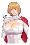  blonde_hair blue_eyes breasts cape cleavage cleavage_cutout dc_comics highres huge_breasts lips looking_at_viewer power_girl short_hair signature simple_background solo takasugi_kou white_background 