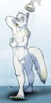  2016 animal_genitalia anthro arctic_fox balls bathing canine caught claws embarrassed fox heterochromia invalid_tag male mammal nowandlater nude open_mouth paws sheath shower soap solo toe_claws 