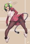  android ass bent_over blush brown_hair brown_legwear dimension_w flying_sweatdrops green_eyes green_hair headgear highres jjune juliet_sleeves long_sleeves looking_back open_mouth pantyhose plug puffy_sleeves shirt skirt solo spoken_blush tail upskirt vest wavy_mouth yurizaki_mira 