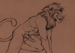  2016 anthro balls barbed_penis brown_and_white brown_background erection feline fur kenket licking licking_lips lion looking_back male mammal monochrome nude penis side_view simple_background sketch smile solo tongue tongue_out 